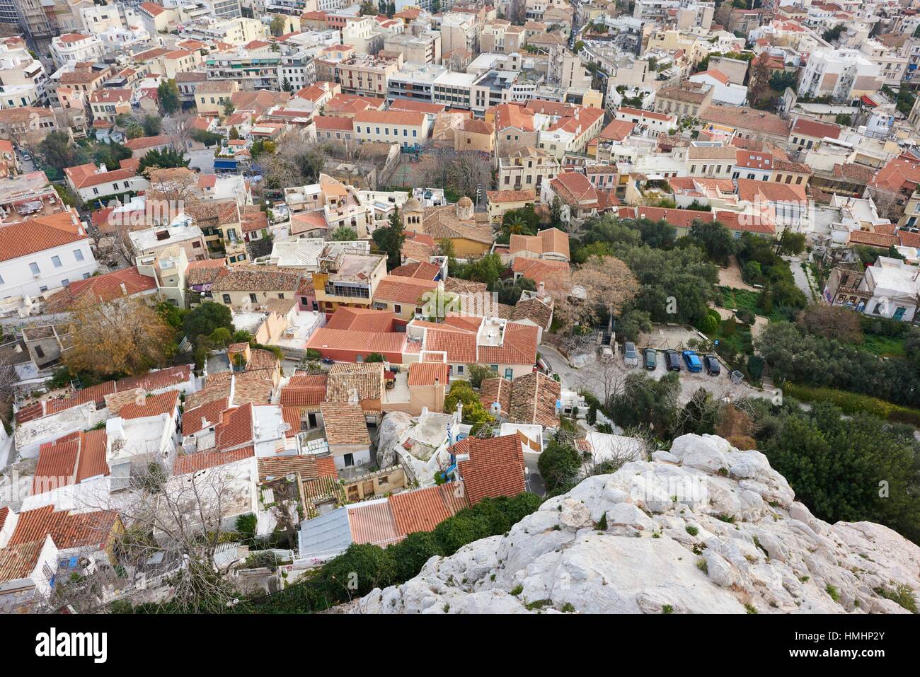 The districts of Plaka, Psirri and Exarchia seen from The Acropolis. Athens. Greece. Stock Photo