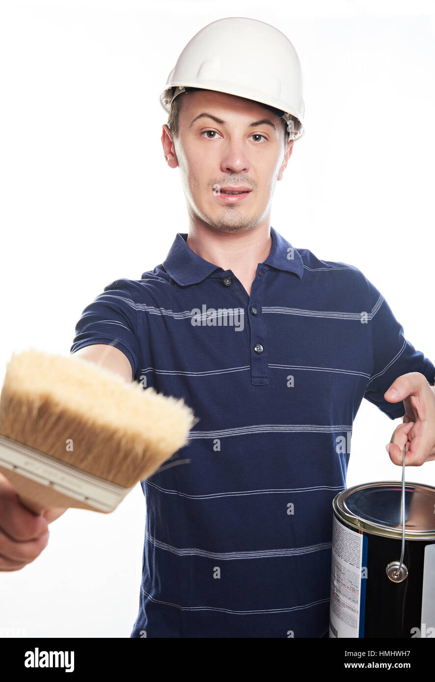 Man with paint brush and hard hat isolated on white Stock Photo