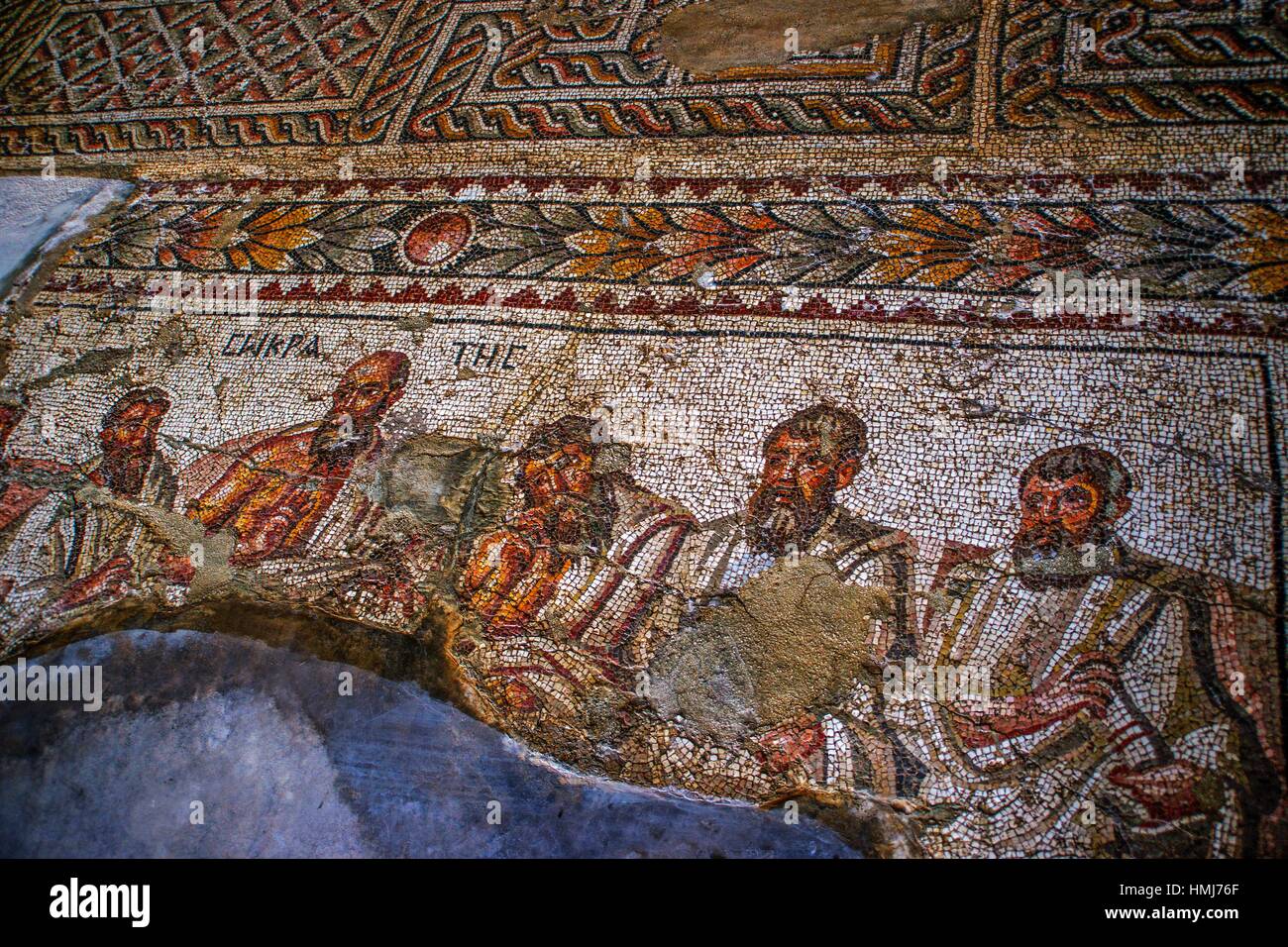 Mosaic of Socrates and the Sages (3rd century) at the Apamea Museum, Apamea, Syria Stock Photo
