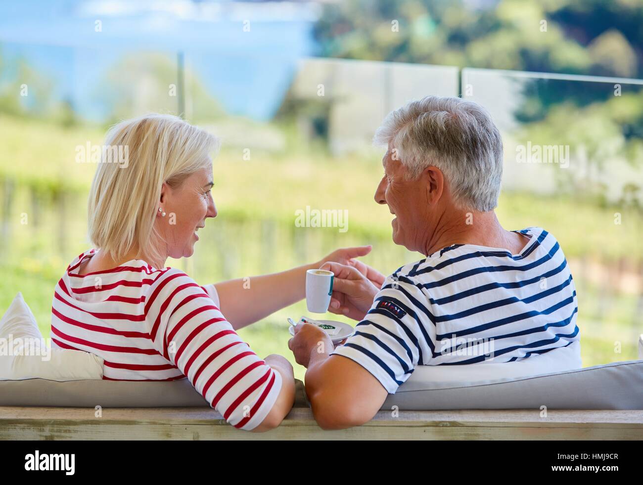 Senior couple, 60-70, Drinking a coffee, Getaria, Gipuzkoa, Basque Country, Spain, Europe Stock Photo