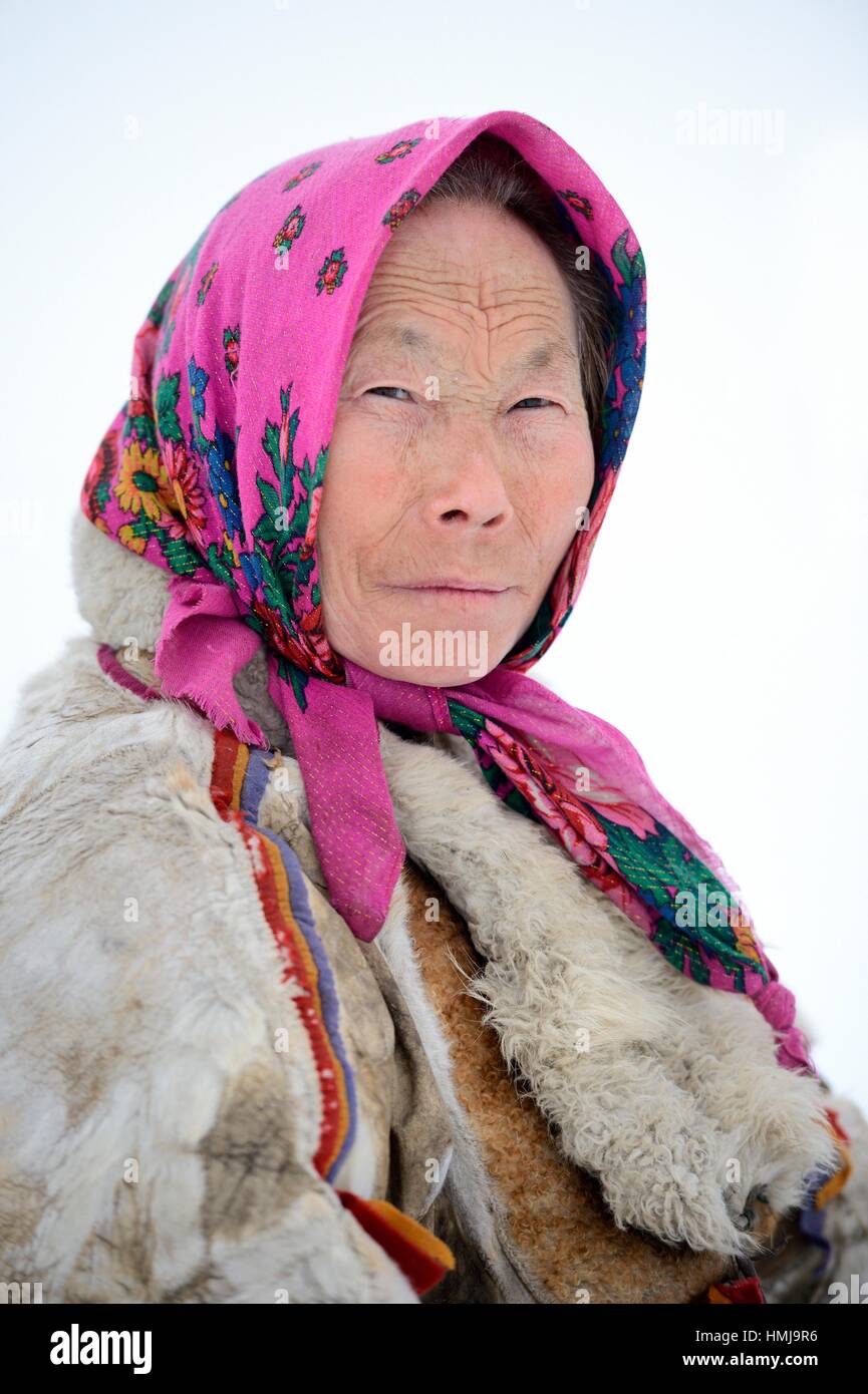 Tatiana Salinder, portrait of Nenets herder woman, Yar-Sale district, Yamal, Northwest Siberia, Russia. Stock Photo