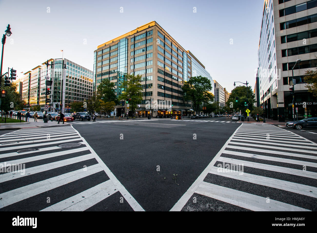 Crosswalk framing a building in downtown DC during a warm summer day