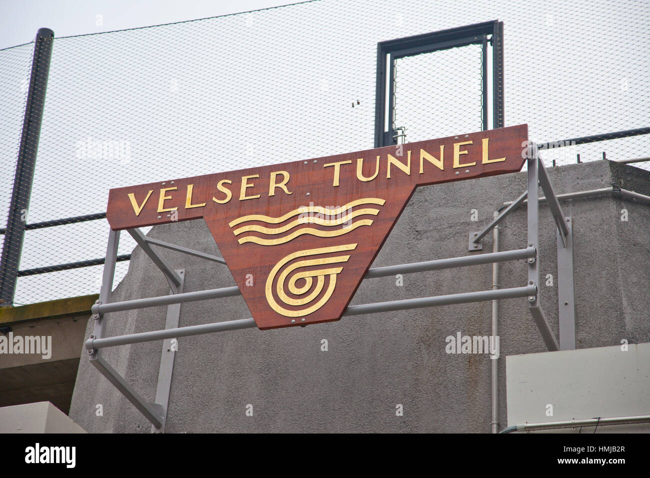 VELSEN, THE NETHERLANDS - January 8, 2017: Entrance logo of new built tunnel Velsertunnel in Velsen, The Netherlands Stock Photo