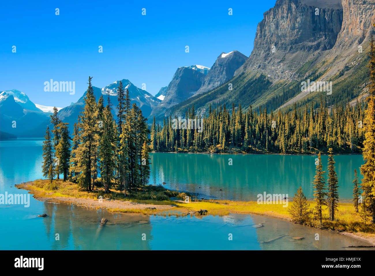 Spirit Island in Jasper National Park in the Canadian Rockies Stock