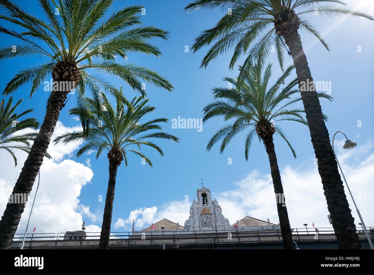 Top section of Palazzo San Giorgio and palm trees. Porto Antico, Genova, Italy Stock Photo