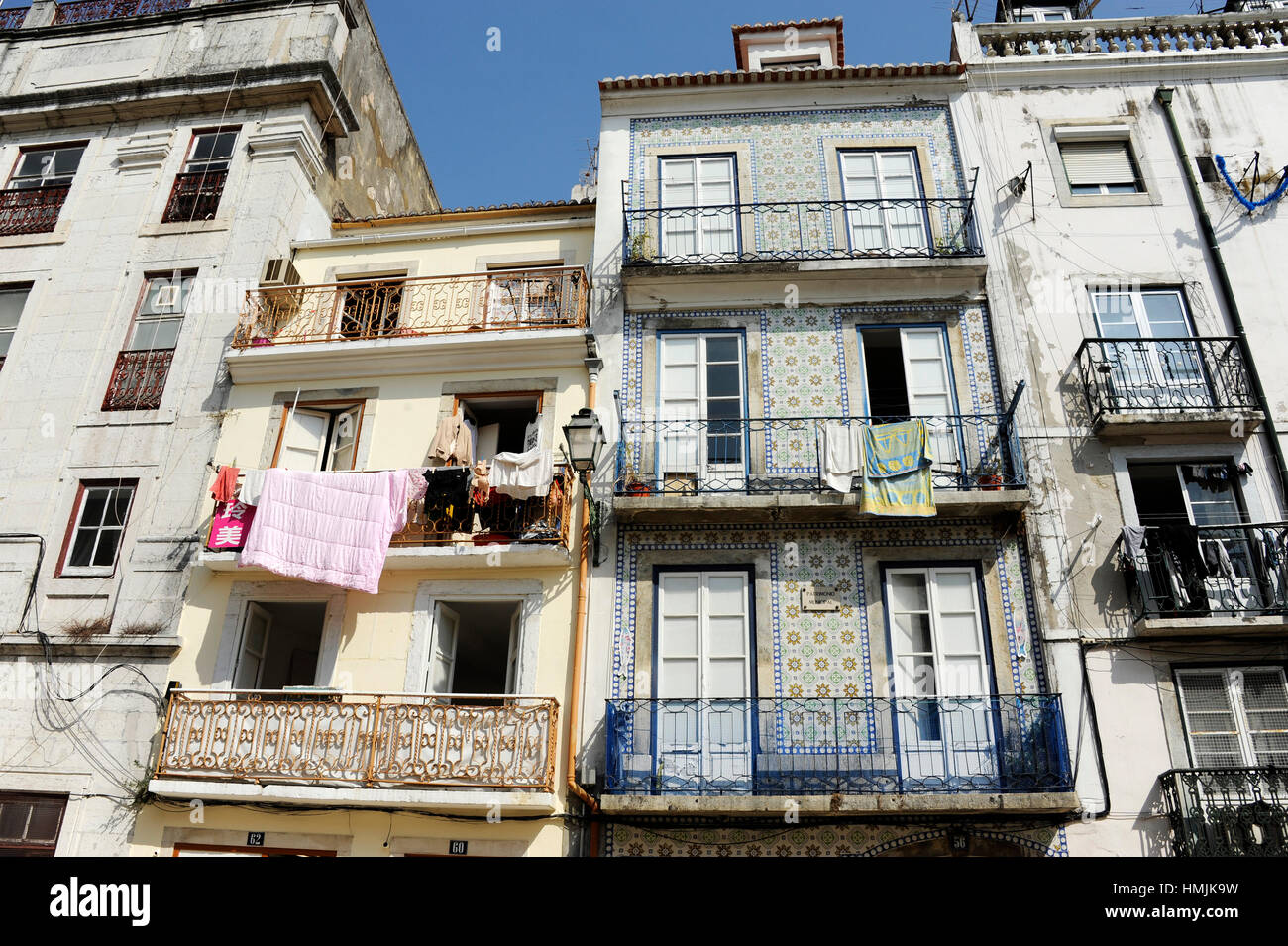 Drying of the linen on the balcony, Rua da Mouraria, Alfama, Lisboa, Lisbon, Portugal, Europe Stock Photo