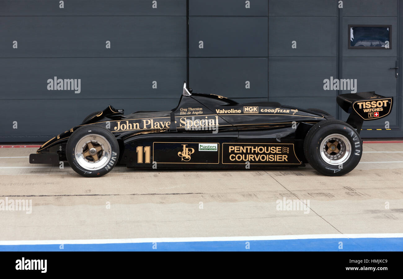 Greg Thornton's 1982 Lotus 91/5 Formula One Car, originally driven by Elio de Angeles, outside the International Pits at Silverstone Stock Photo