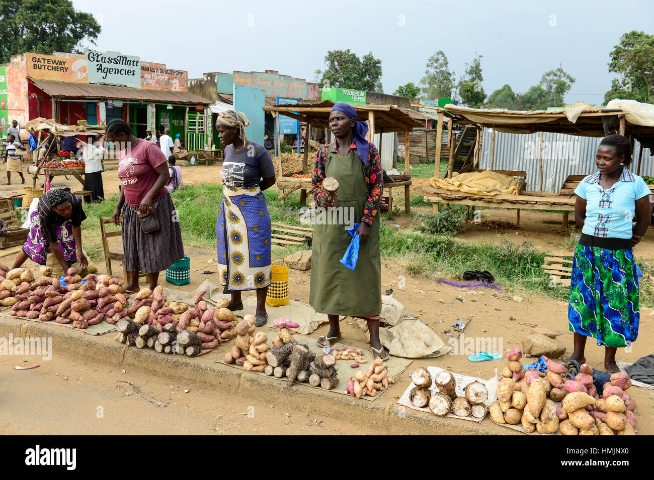 KENYA, County Kakamega, Bukura, women sell sweet potato at the road on