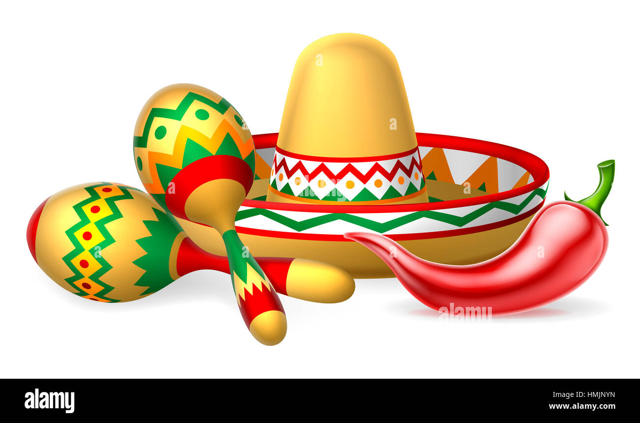 A Mexican sombrero hat, red chilli pepper and maracas shakers illustration Stock Photo