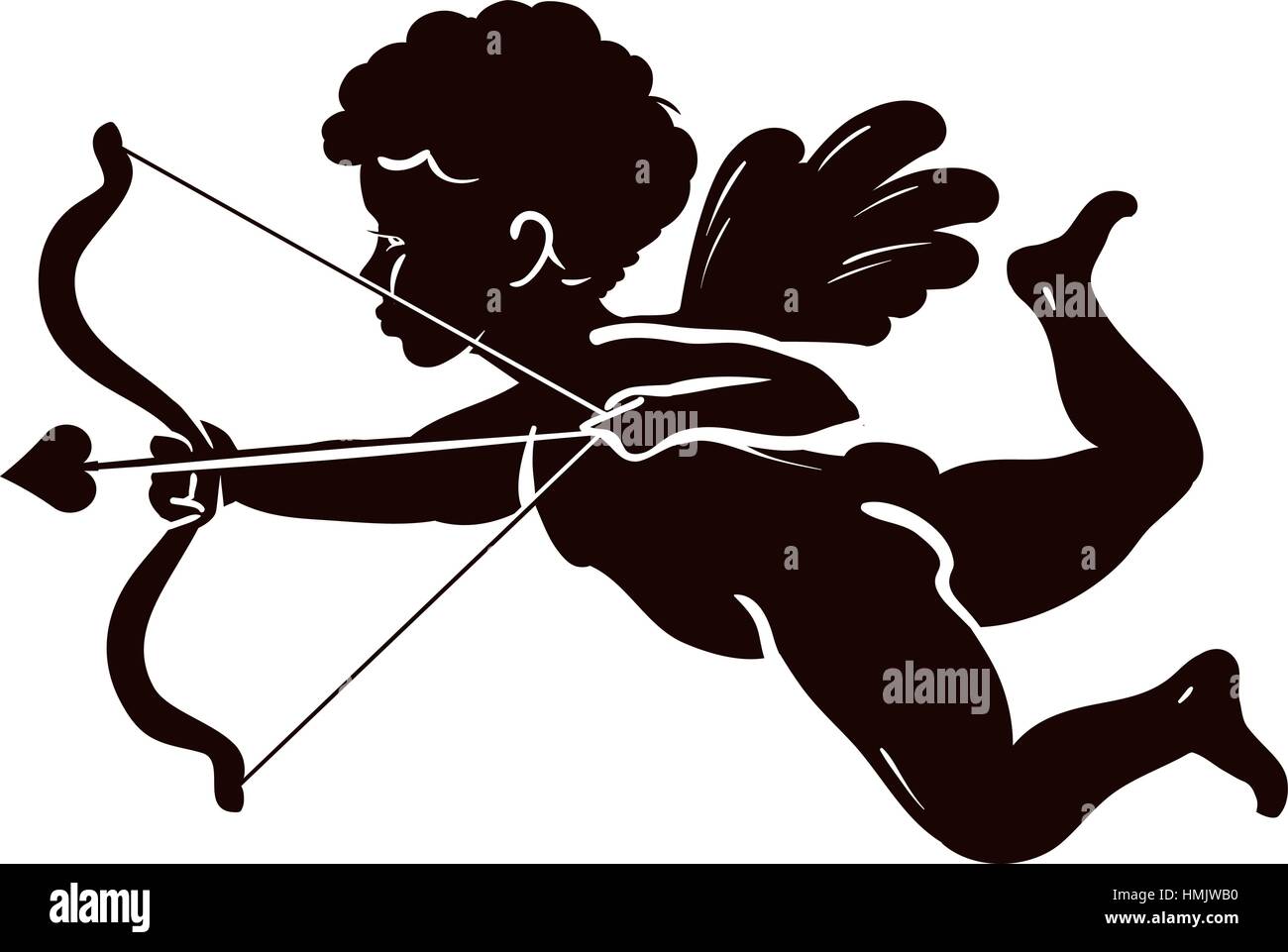 Silhouette angel, cupid or cherub with bow and arrow. Vector illustration isolated on white background Stock Vector