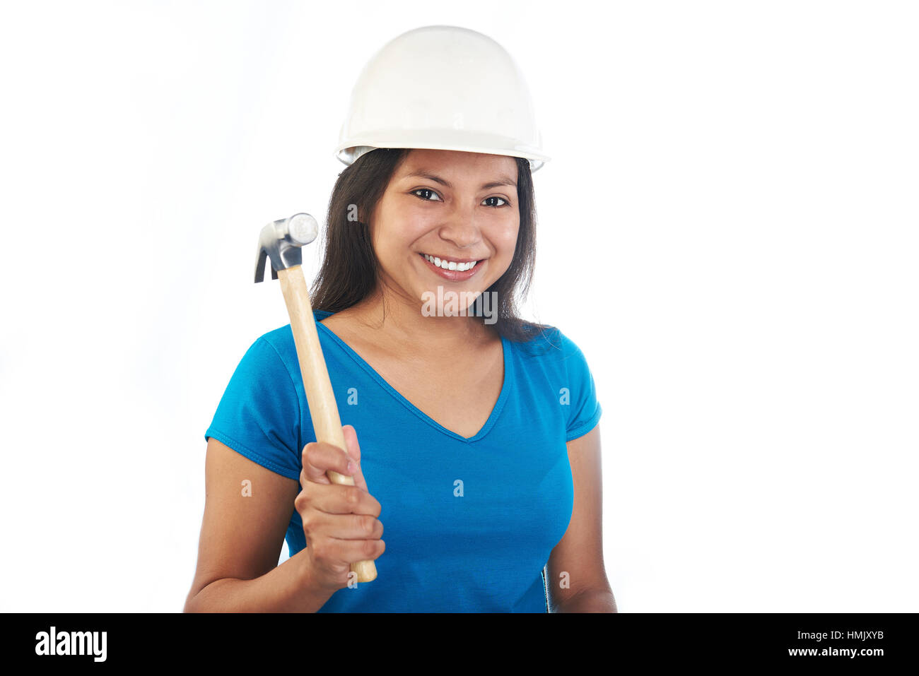 young latino girl with hammer and hard hat isolated on white Stock Photo
