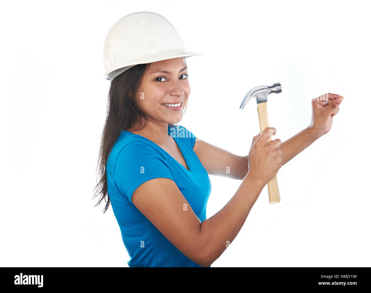 young latino girl with hammer isolated on white Stock Photo