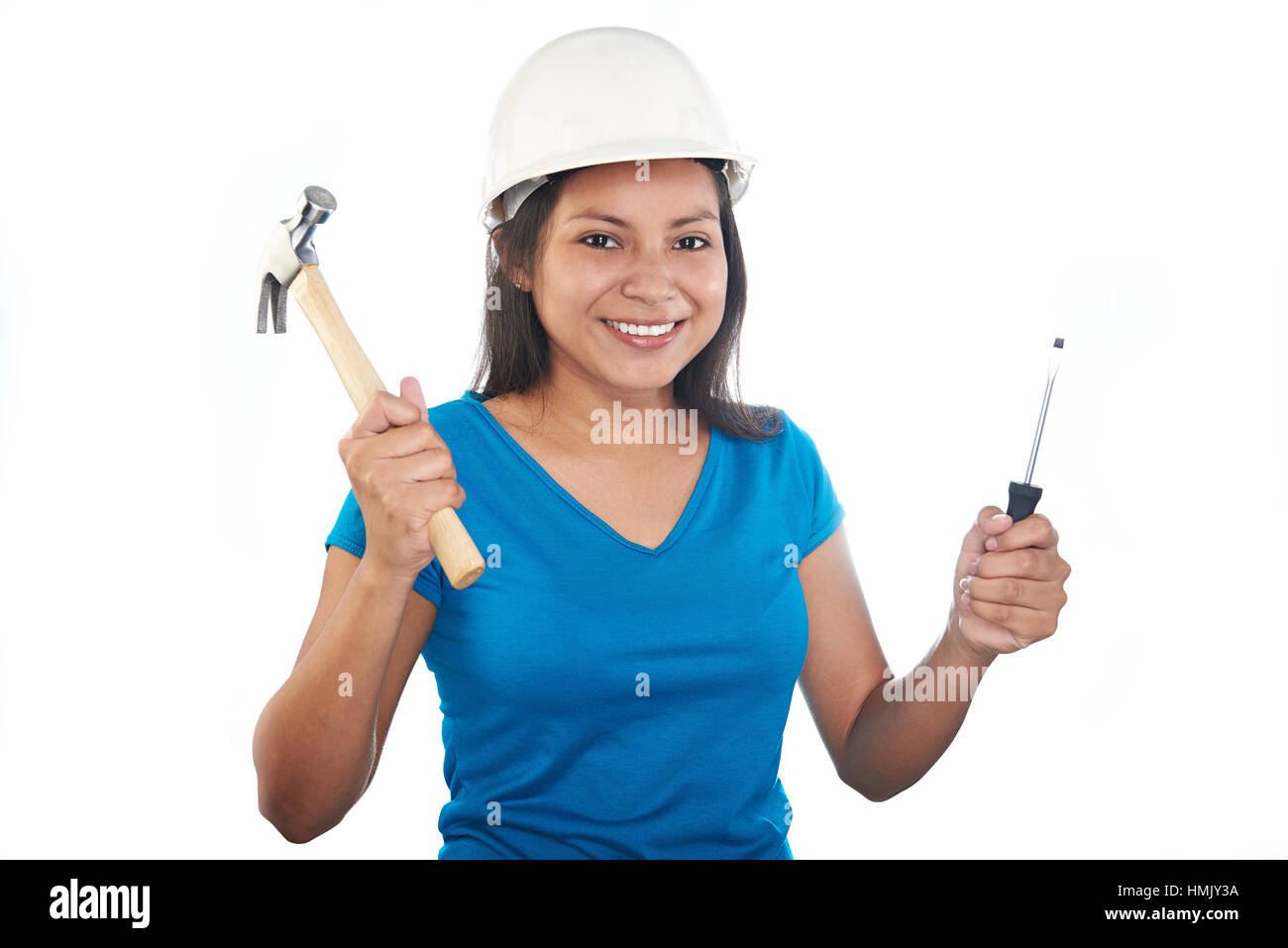 hispanic young girl with hammer and hard hat isolated on white Stock Photo
