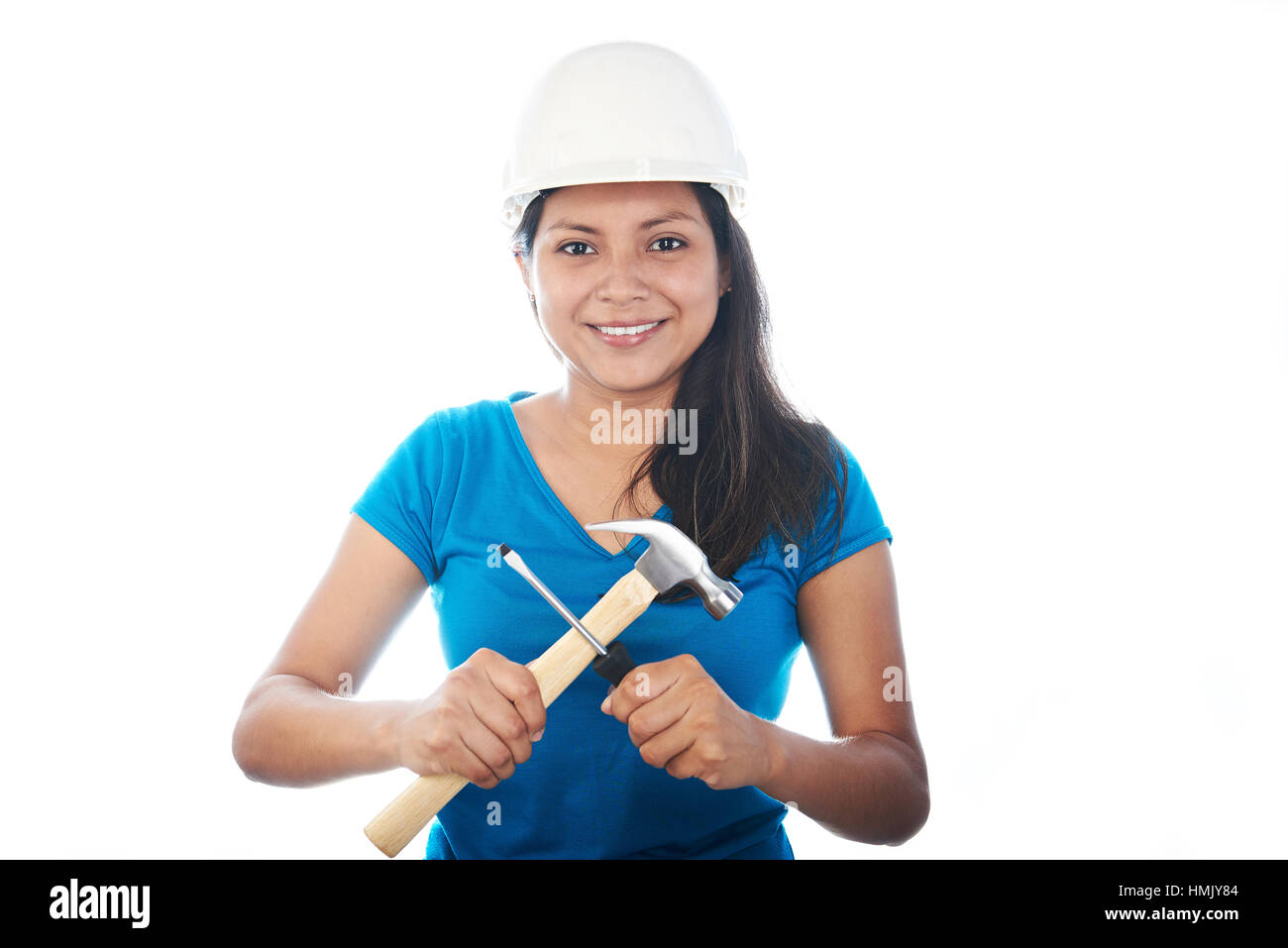 young latino girl with tools hammer and screwdiver isolated Stock Photo