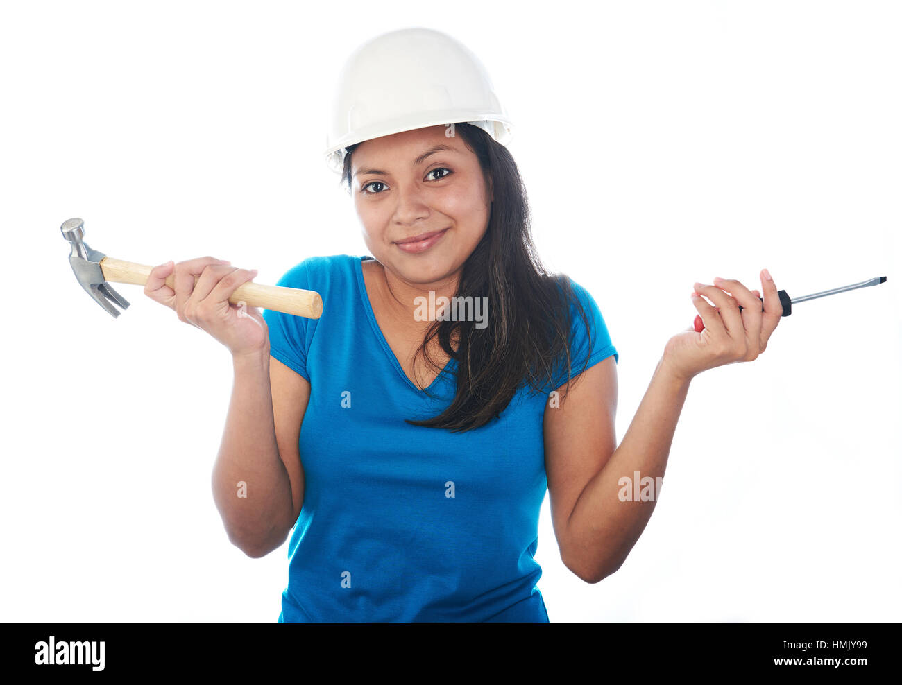 confused latino young girl with tools isolated on white Stock Photo