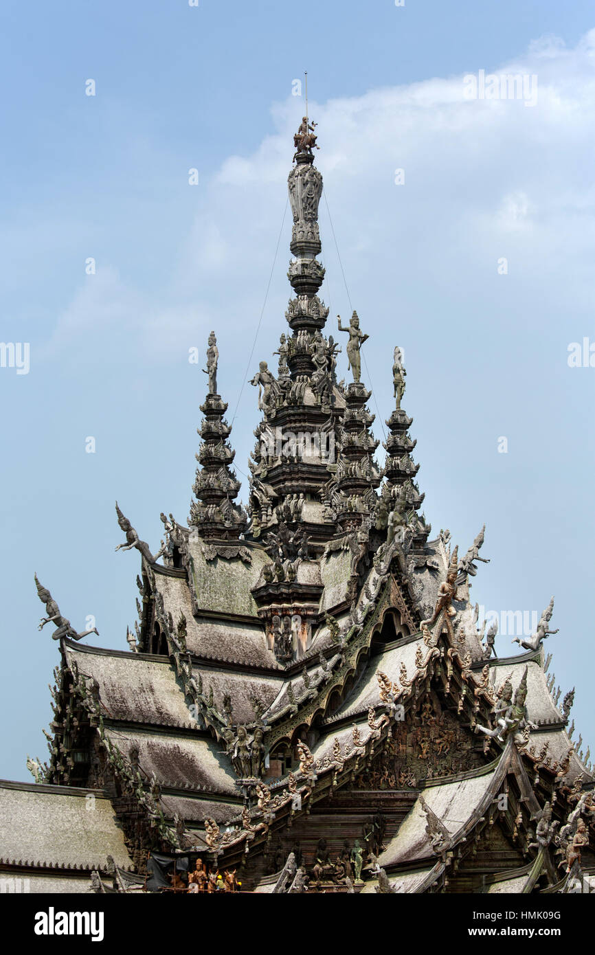 Roof with wood carvings, Prasat Satchatham temple, Sanctuary of Truth, Naklua, Pattaya, Chon Buri Province, Thailand Stock Photo