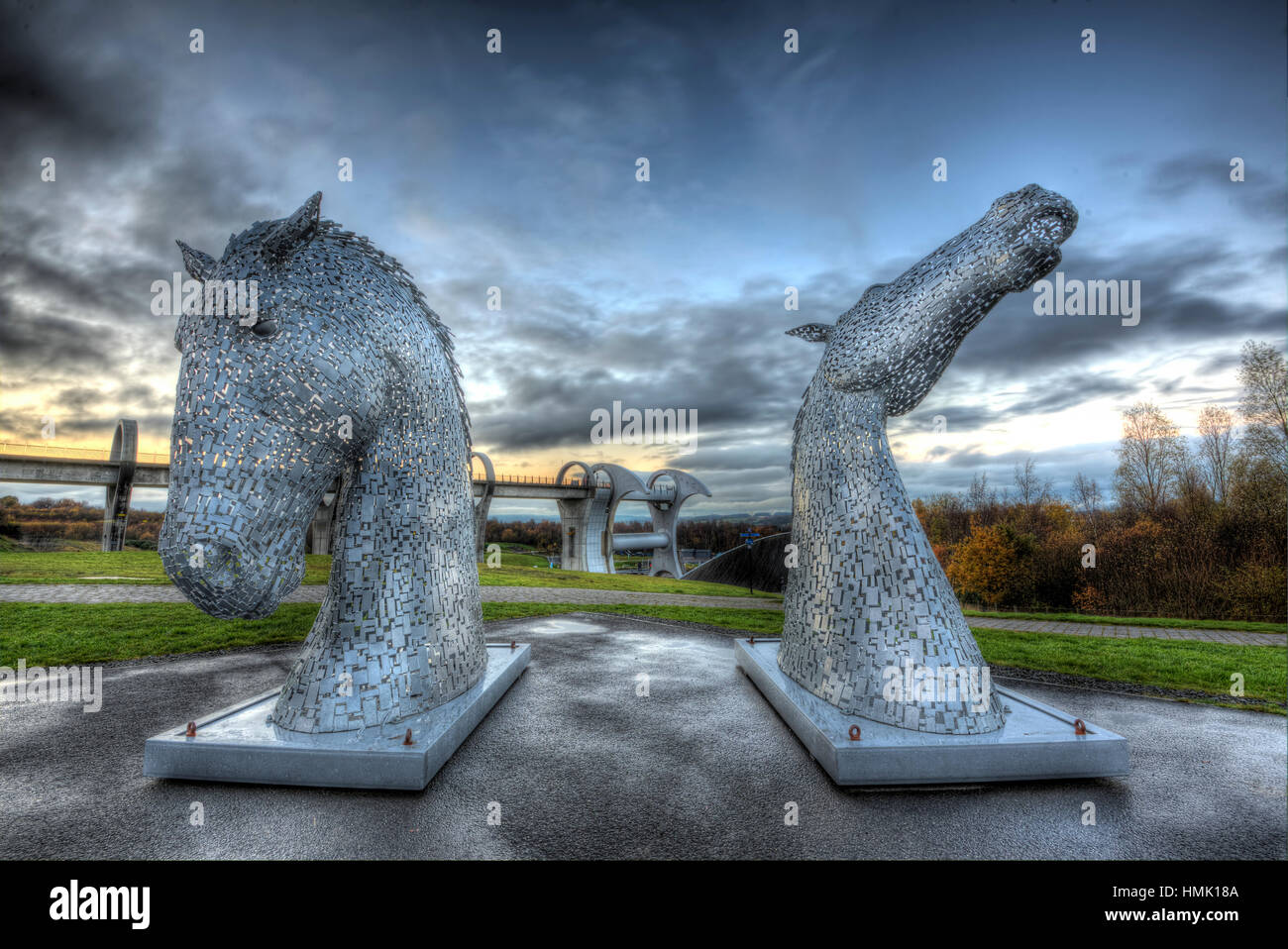 The 'mini Kelpies' 3 metre high small model versions of the Falkirk canal Kelpies sculptures on display at the Falkirk Wheel. Stock Photo