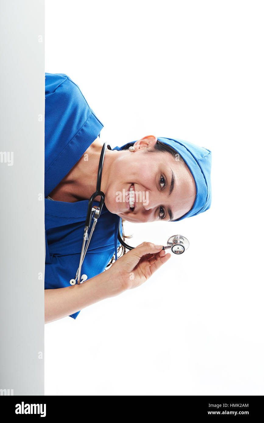 smile happy nurse look from white board isolated Stock Photo