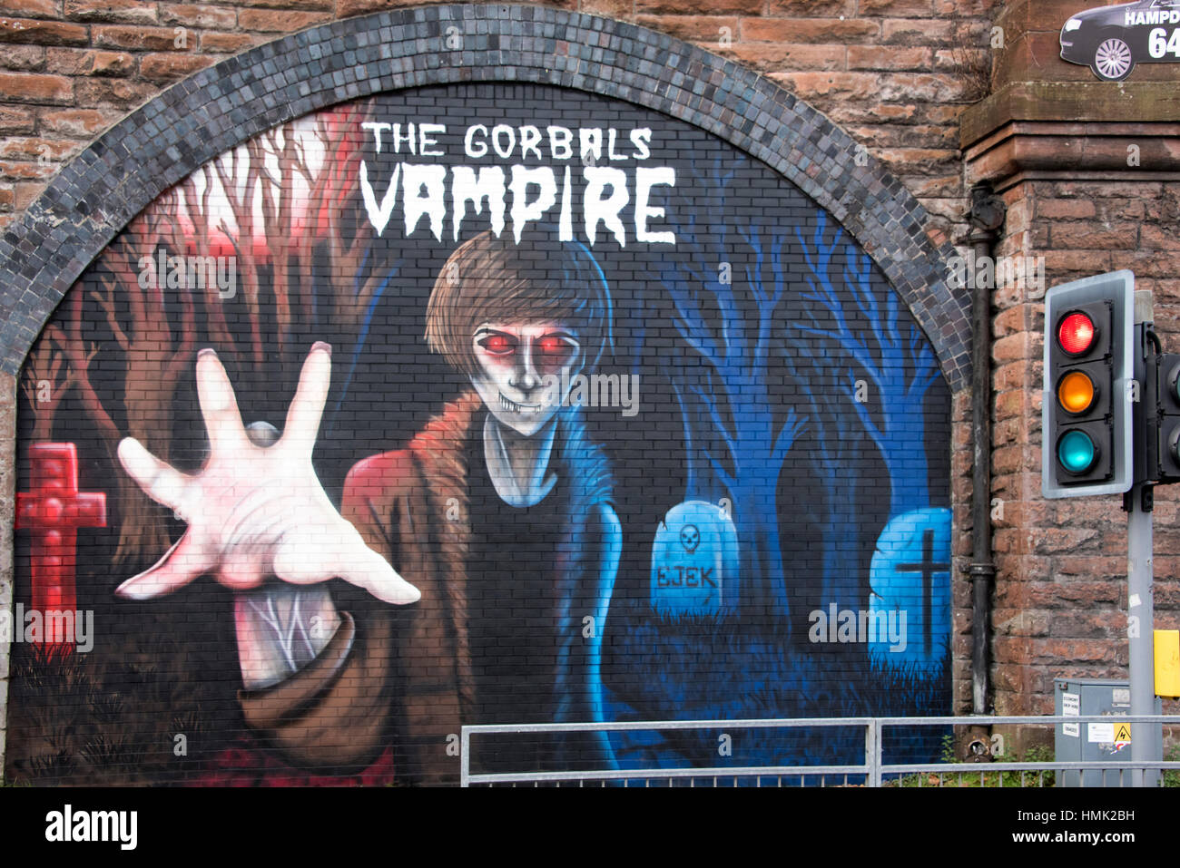 Wall Mural in Gorbals Glasgow depicting the story of the Gorbals Vampire. Stock Photo