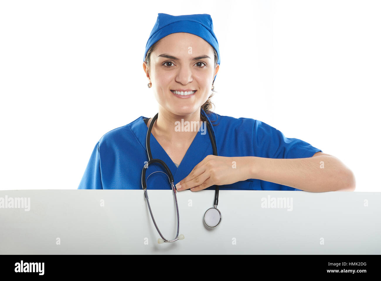 young girl surgeon doctor with a big white sign Stock Photo