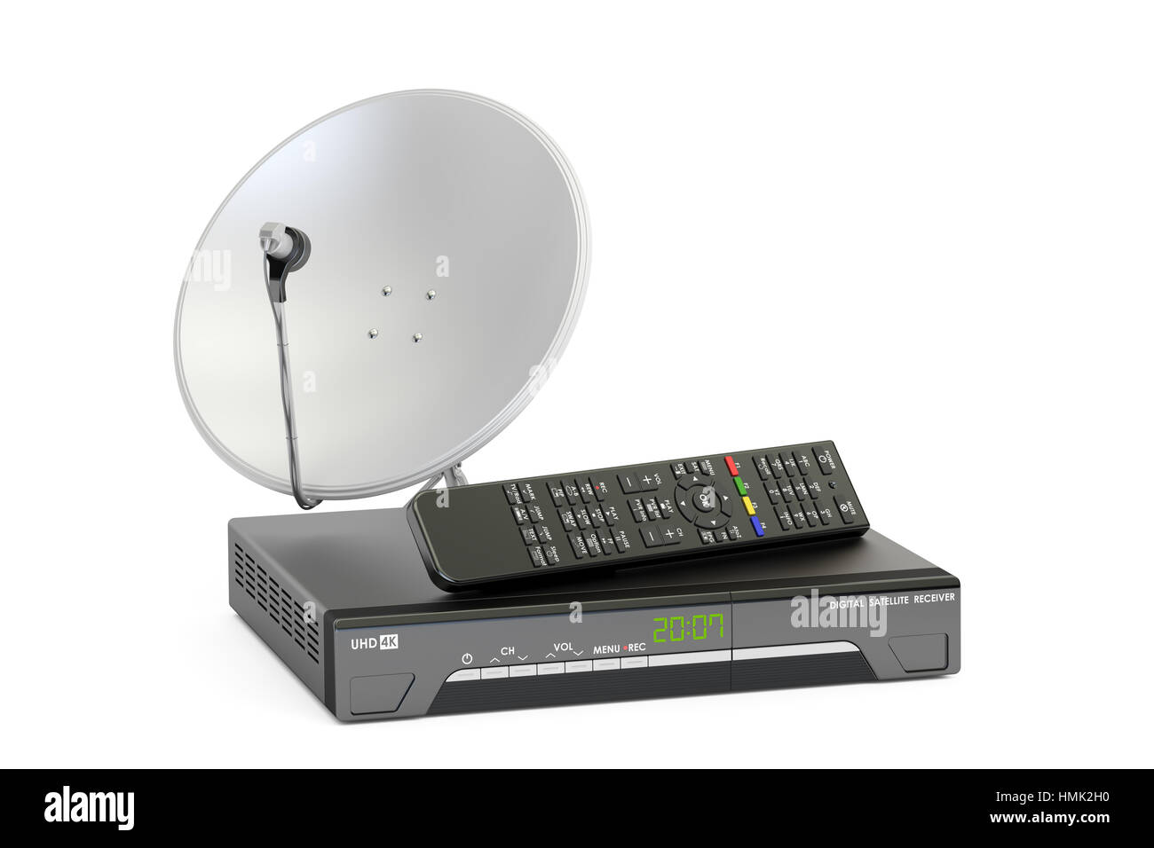 Digital satellite receiver with satellite dish, telecommunications concept. 3D rendering Stock Photo