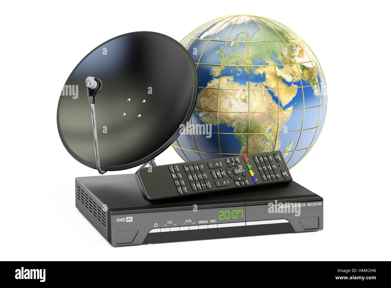 Global telecommunications concept. Digital satellite receiver with satellite dish and globe Earth, 3D rendering Stock Photo