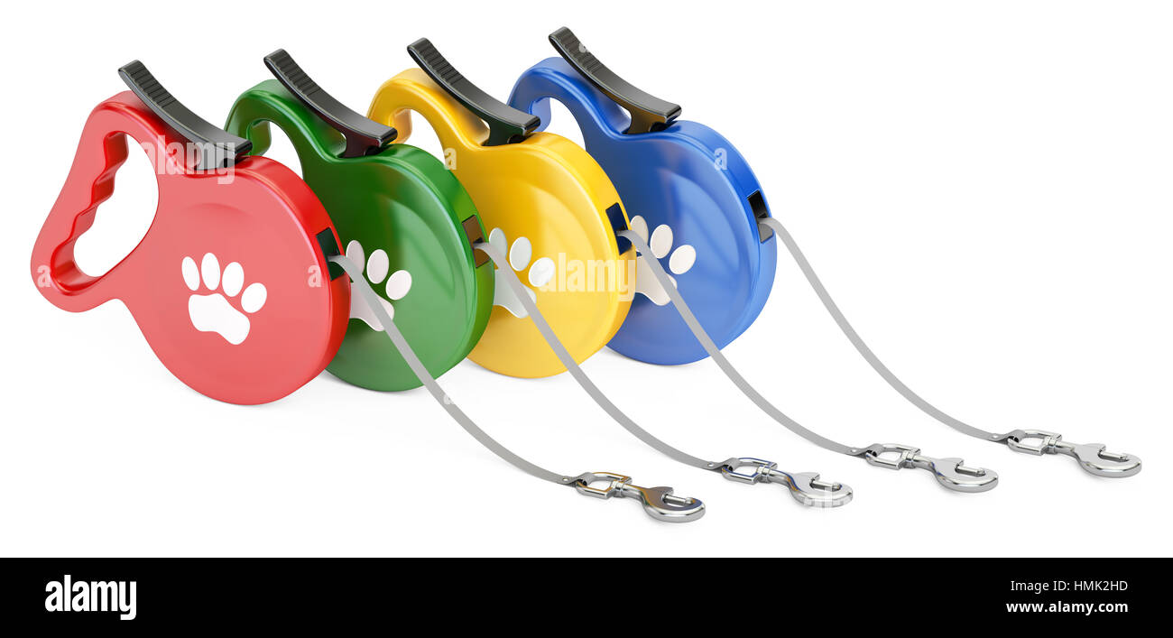 Set of Automatic Retractable Traction Ropes. Walking Lead Leashes for Pets, 3D rendering isolated on white background Stock Photo