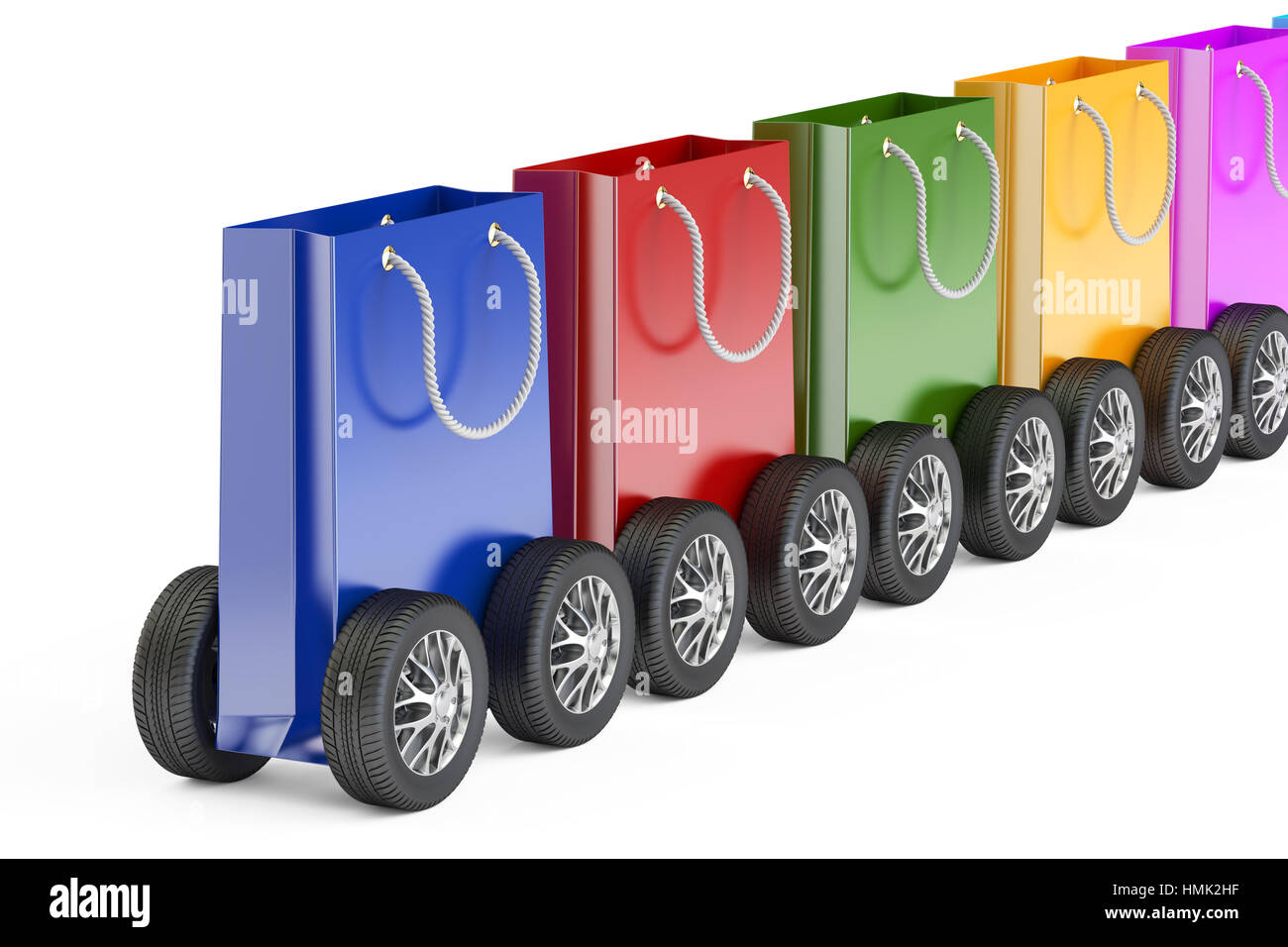 Train from shopping bags with car wheels, 3D rendering Stock Photo Alamy