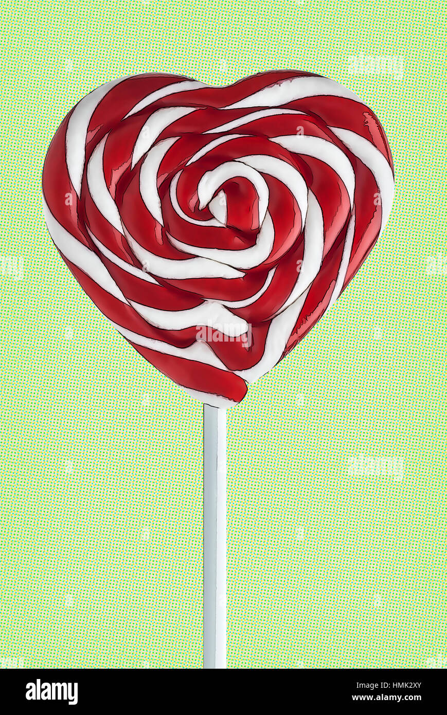striped lollipop heart on green retro background with copy space Stock