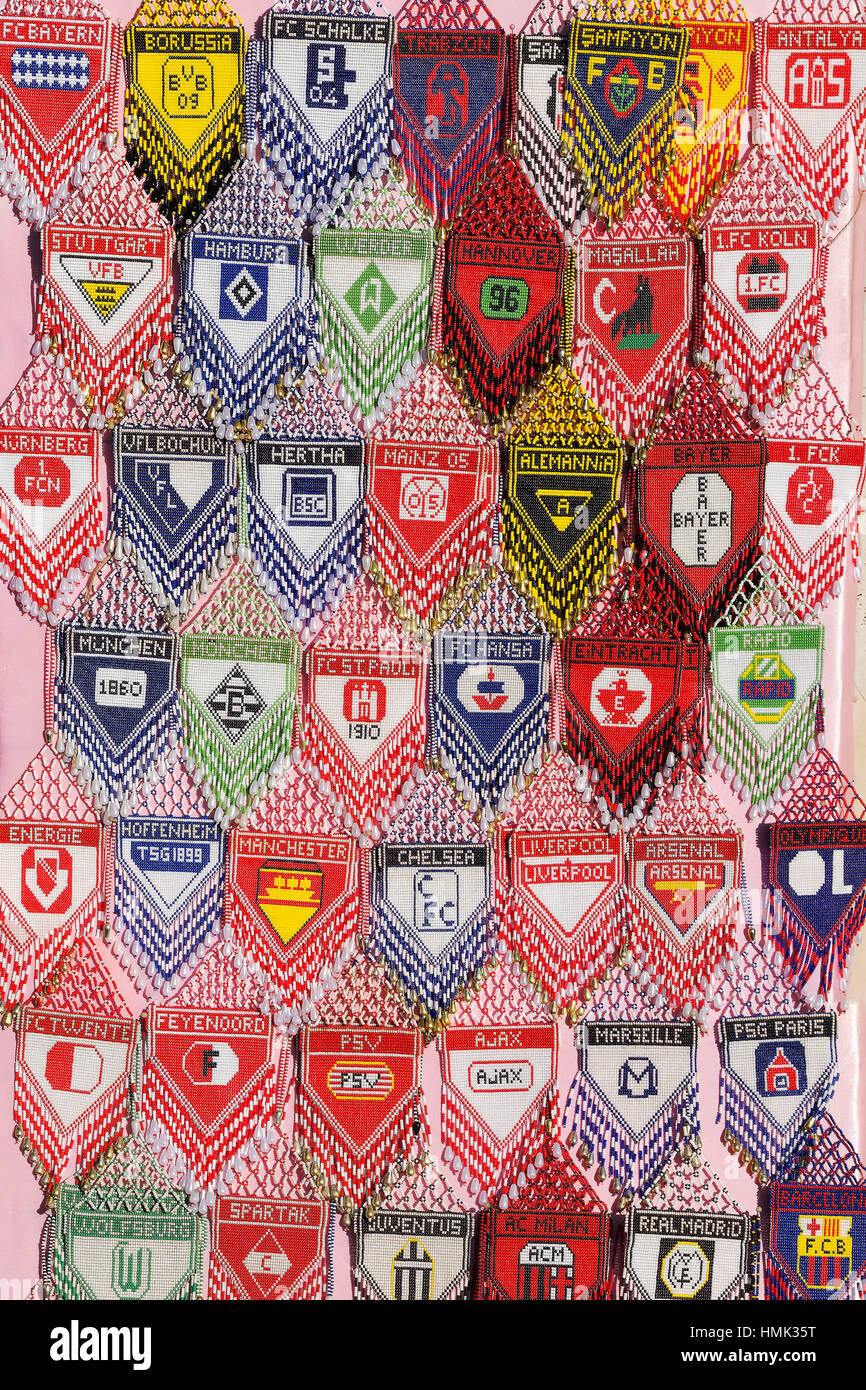 Crests from international soccer teams, made of small glass beads, soccer souvenir Stock Photo
