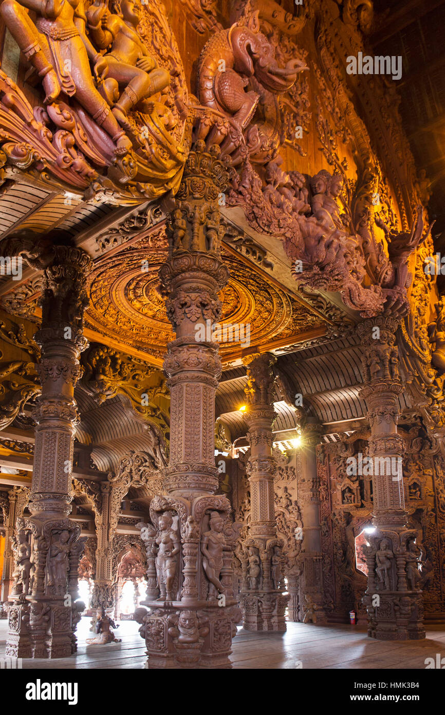 Interior, wood carvings and mythological figures, Prasat Satchatham temple, Sanctuary of Truth, Naklua, Pattaya Stock Photo