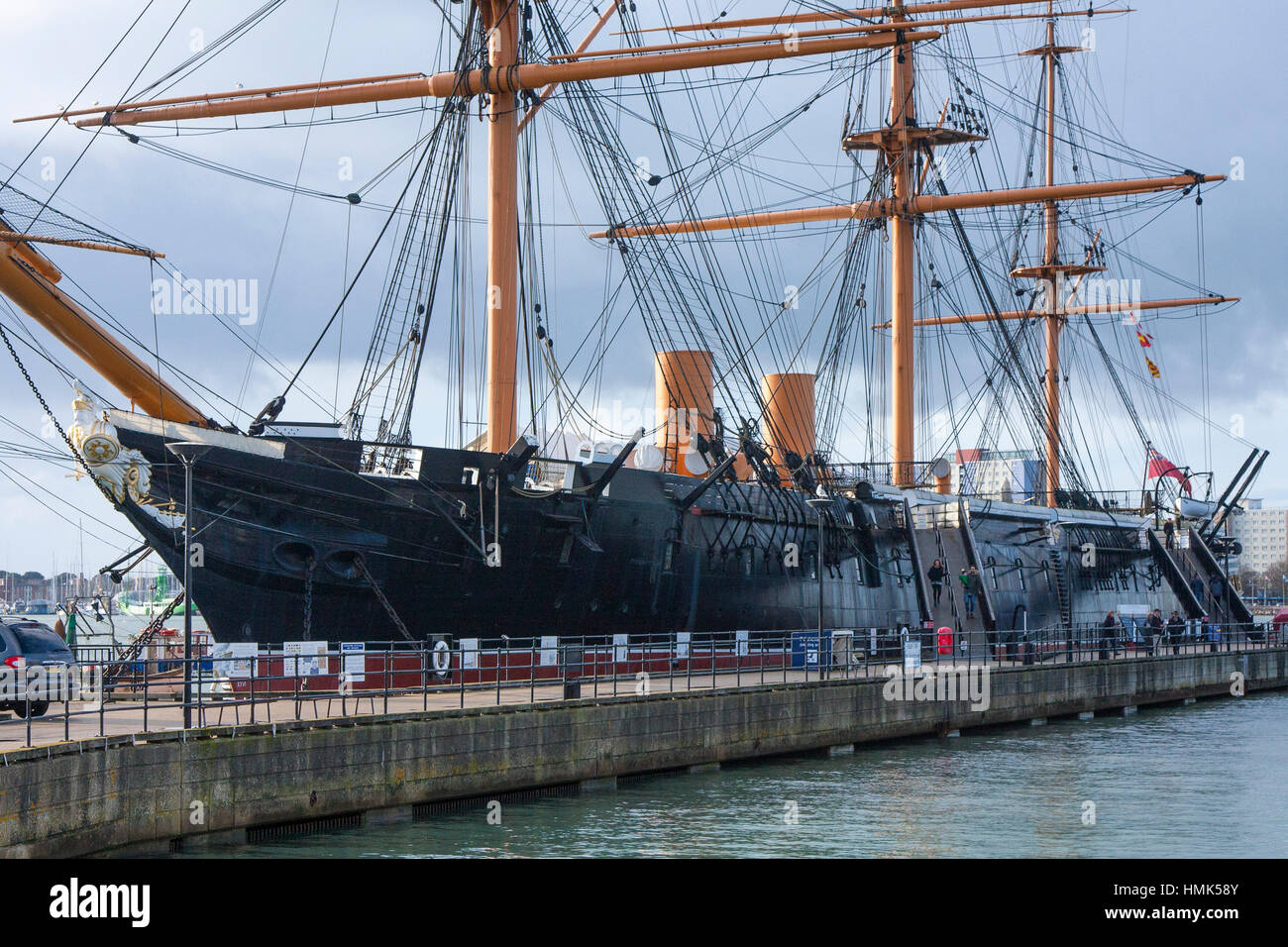 HMS Warrior - 40-gun steam-powered armoured frigate built for the Royal Navy in 1859–61, Portsmouth Historic Docks, Portsmouth, Hampshire, England Stock Photo