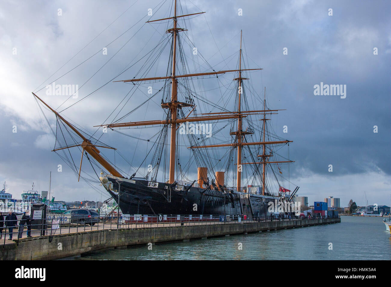 HMS Warrior - 40-gun steam-powered armoured frigate built for the Royal Navy in 1859–61, Portsmouth Historic Docks, Portsmouth, Hampshire, England Stock Photo