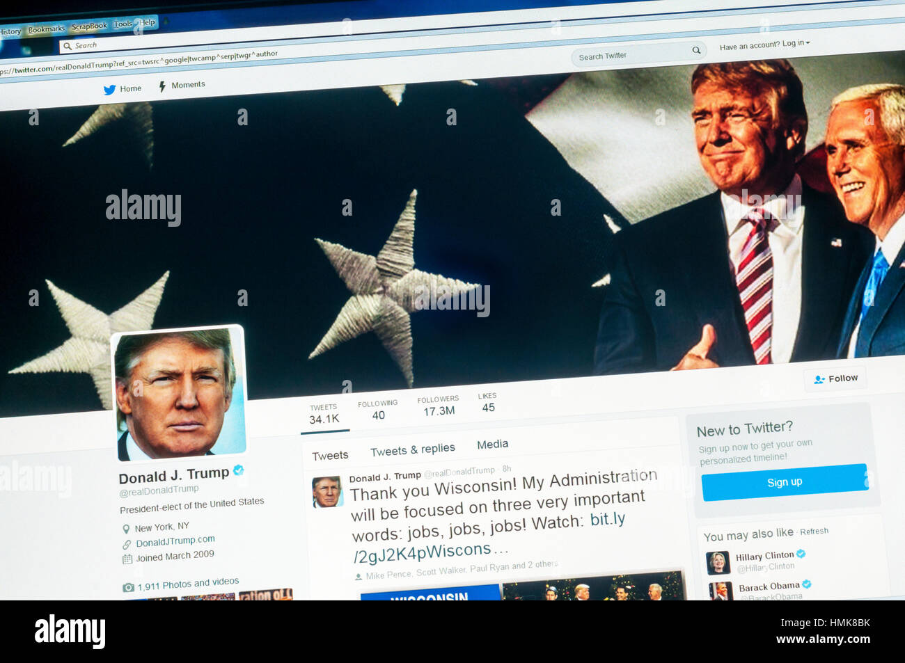 The Twitter account of Donald Trump the President of the United States of America. Stock Photo