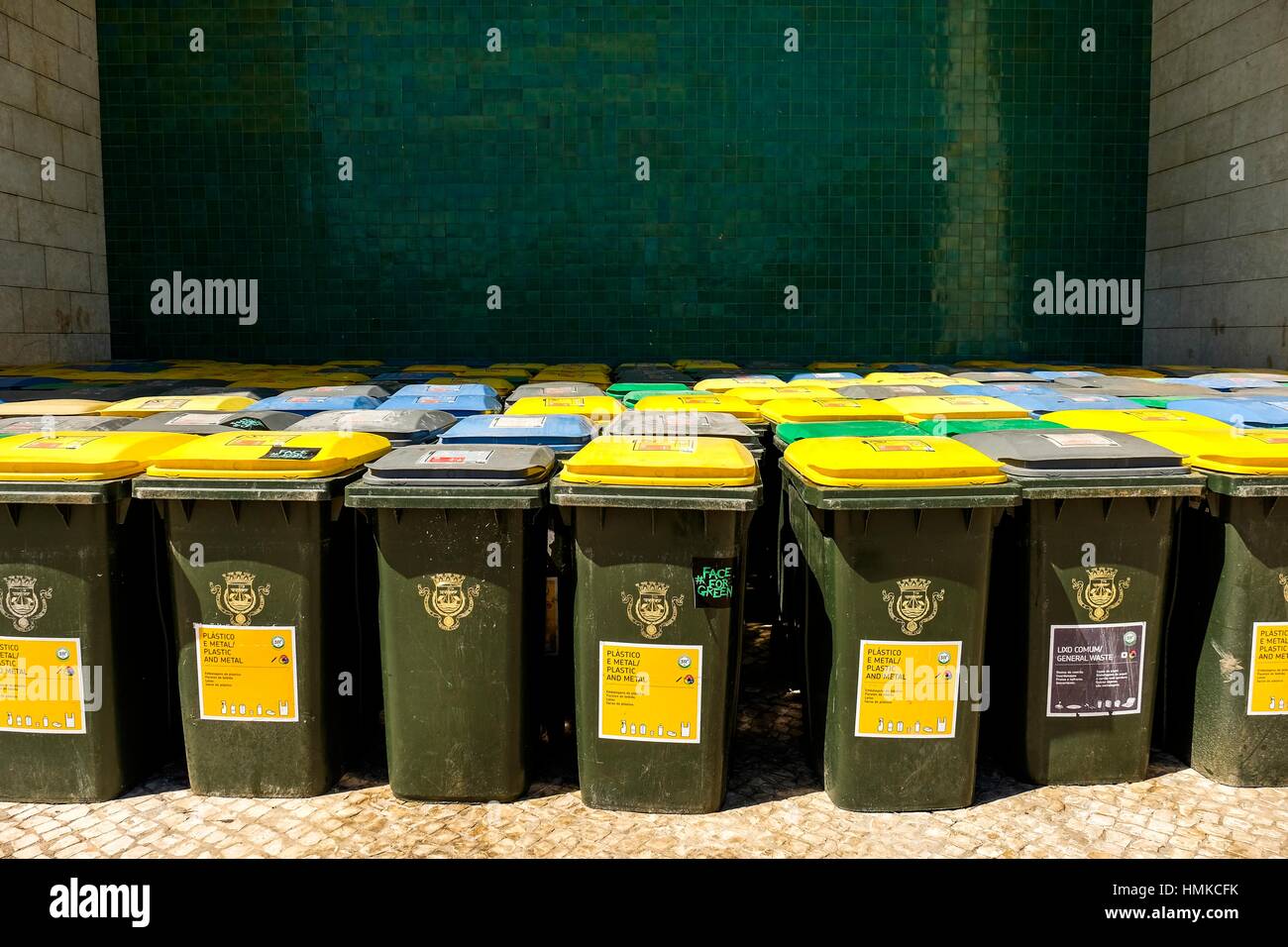 Trash containers in Lisbon, Portugal, Europe Stock Photo - Alamy