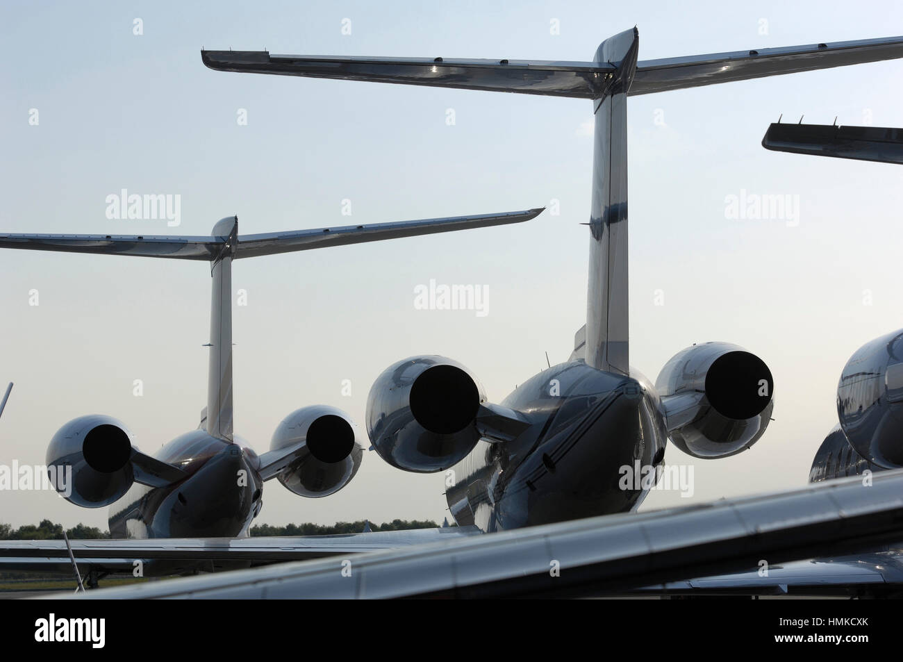 tail-fin Rolls-Royce Tay 611-8 engine-exhausts Gulfstream 450 tail-fin BR710 engine-exhausts G550 parked behind in Stock Photo