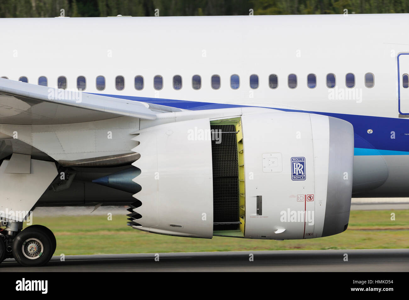 air-brakes on Rolls-Royce Trent 1000 engine on ANA All Nippon Airways Boeing 787-8 Dreamliner landing Stock Photo