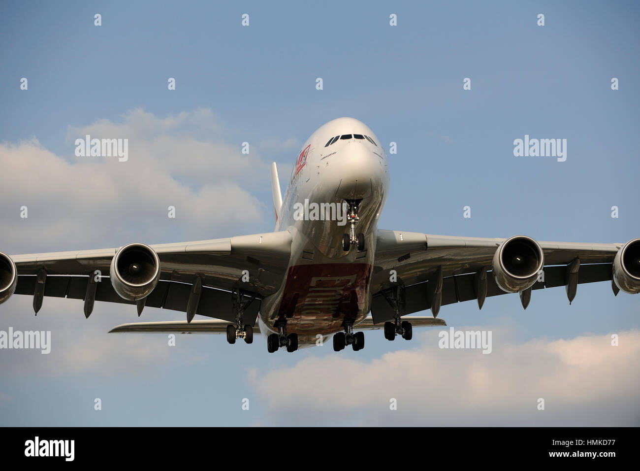 Emirates Airbus A380-800 on final-approach to Heathrow Stock Photo