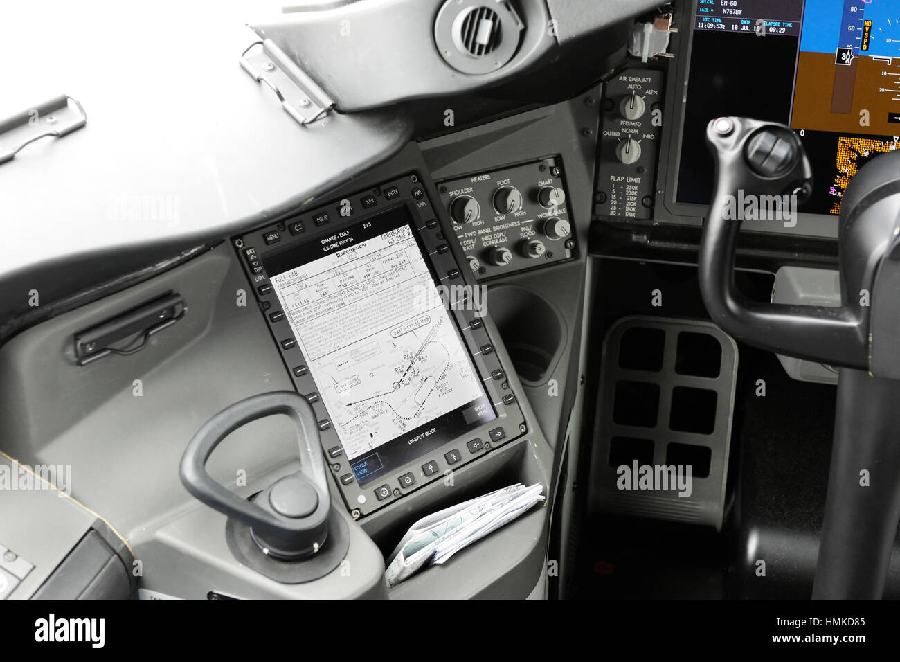 EFB Electronic-Flight-Bag screen showing approach plate airport map next to nose-wheel steering controller handle in cockpit Stock Photo