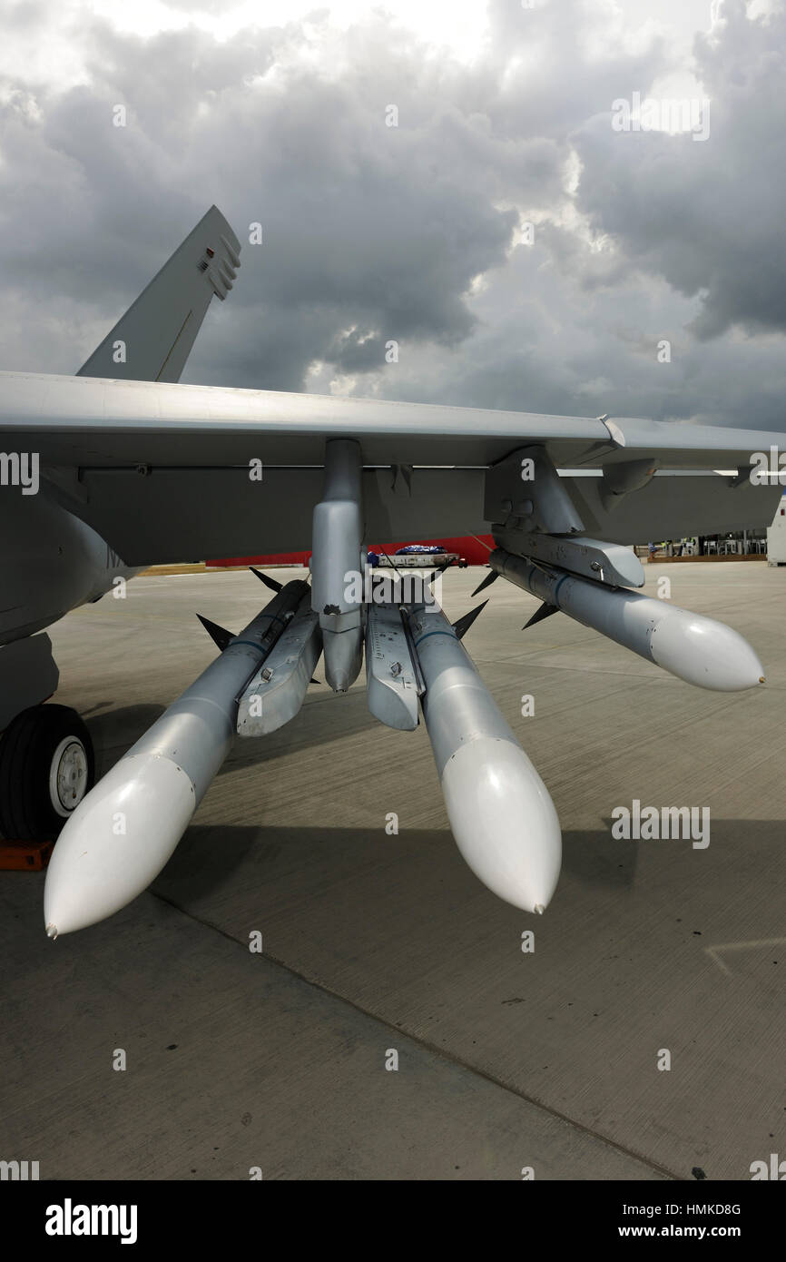 US Navy Boeing F/A-18F missiles at the Farnborough Airshow 2010 Stock Photo