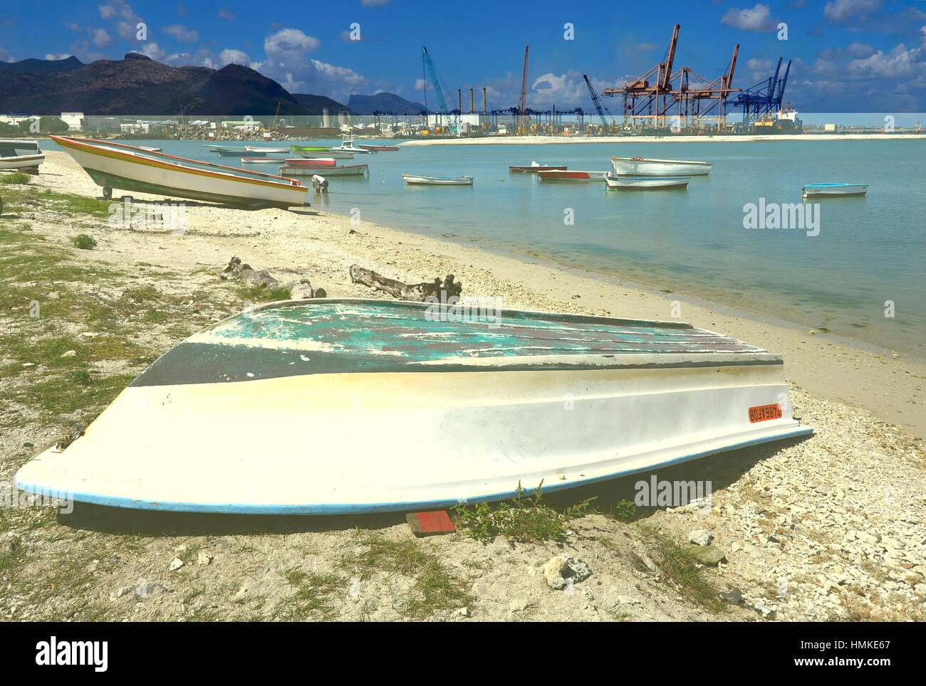 Port Louis Harbor seen from Tombeau Bay, Mauritius, Africa Stock Photo
