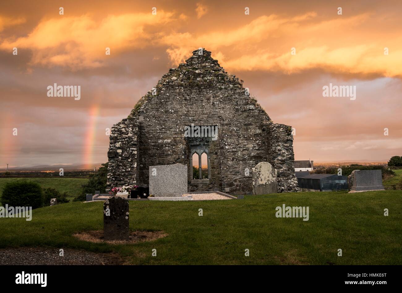 Ancient church at Killeshin, with Rain shower and Rainbow in skyline