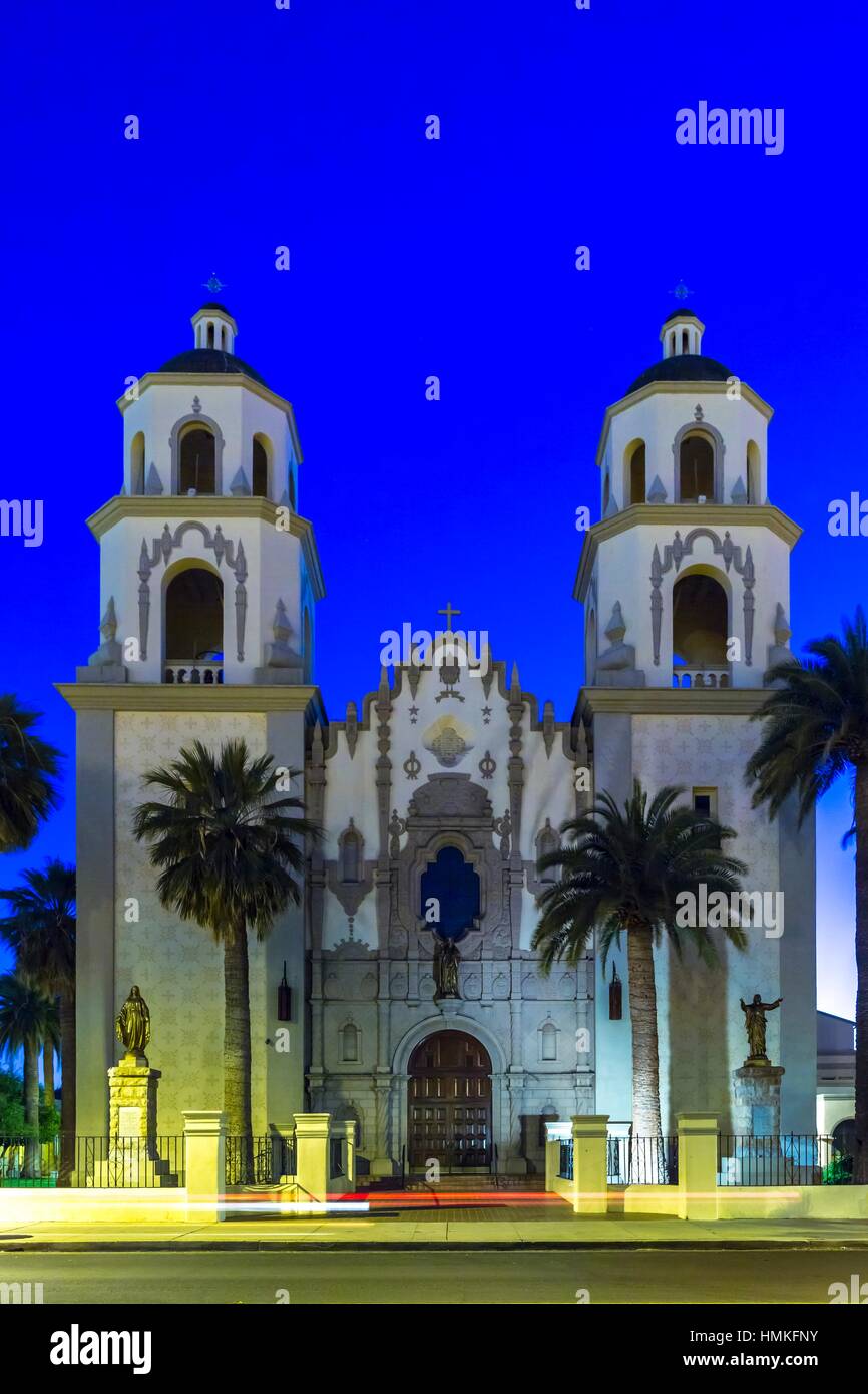 The St Augustine Cathedral illuminated at night in downtown Tucson