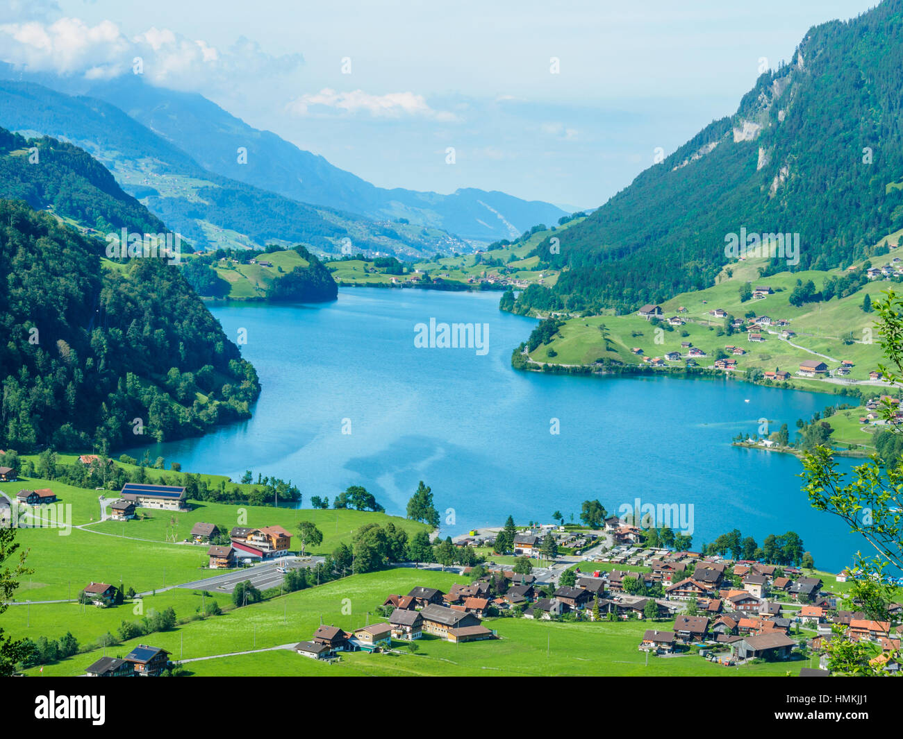 Beautiful lake Lungern and village from Brunig Pass, Switzerland. Stock Photo