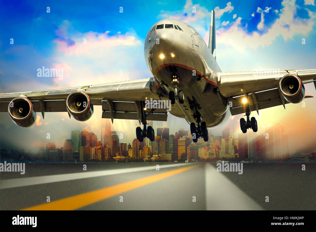aircraft taking off on sunrise and skyscrapers background Stock Photo ...
