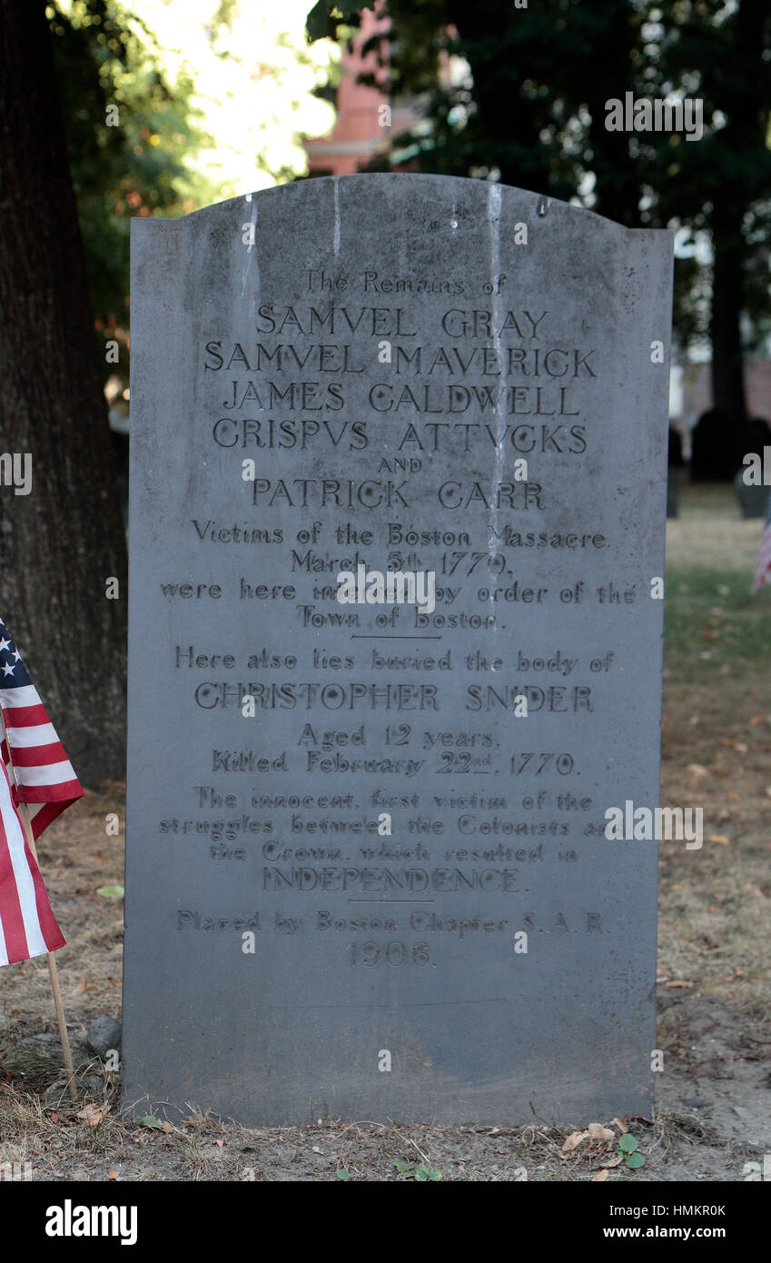 Grave marker of the Boston Massacre victims in the Old Granary Burial Ground, Boston, Massachusetts, United States. Stock Photo
