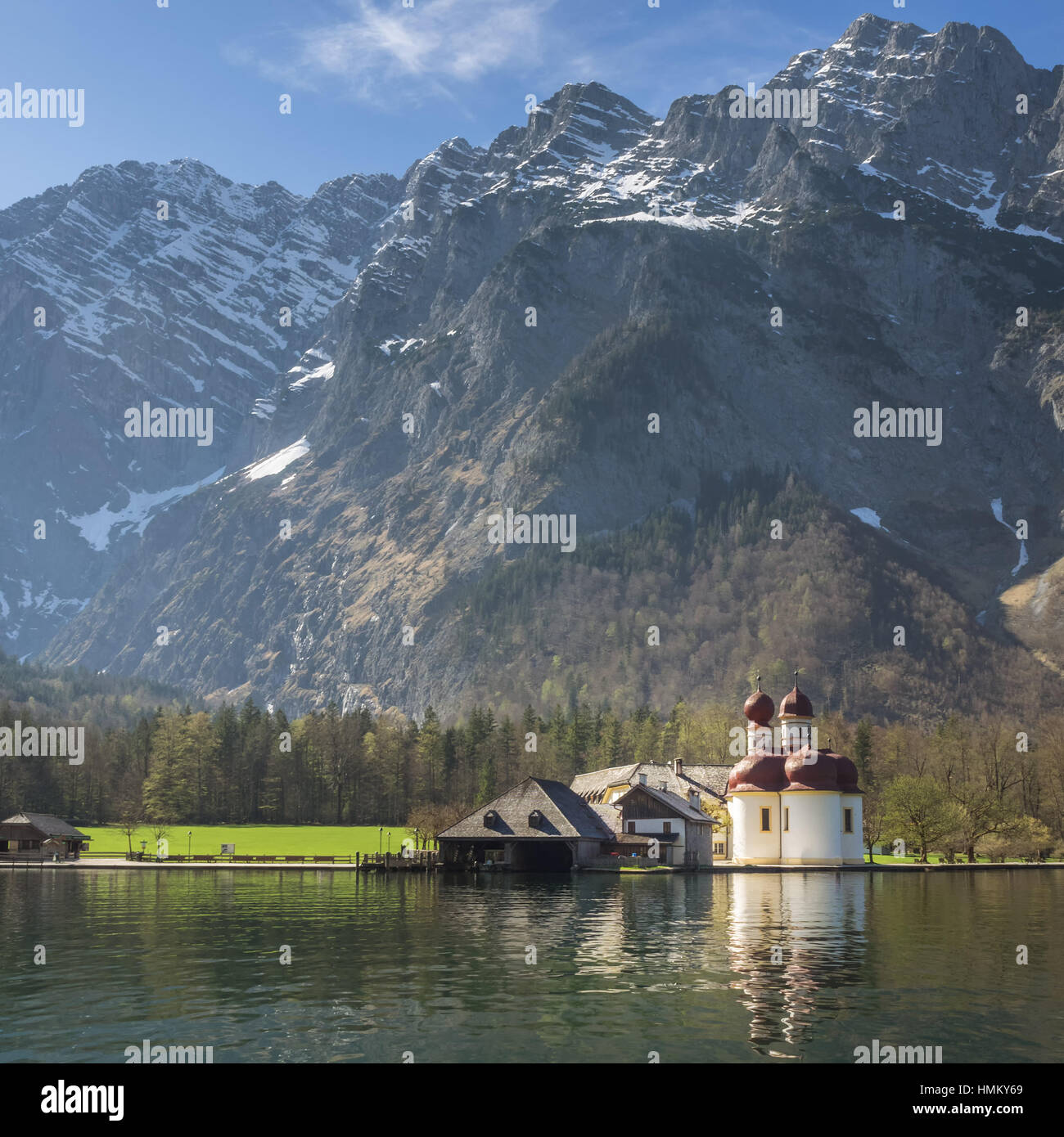 Lake Koenigssee and pilgrimage church Saint Bartholomae, Bavarian Alps, Bavaria, Germany Stock Photo