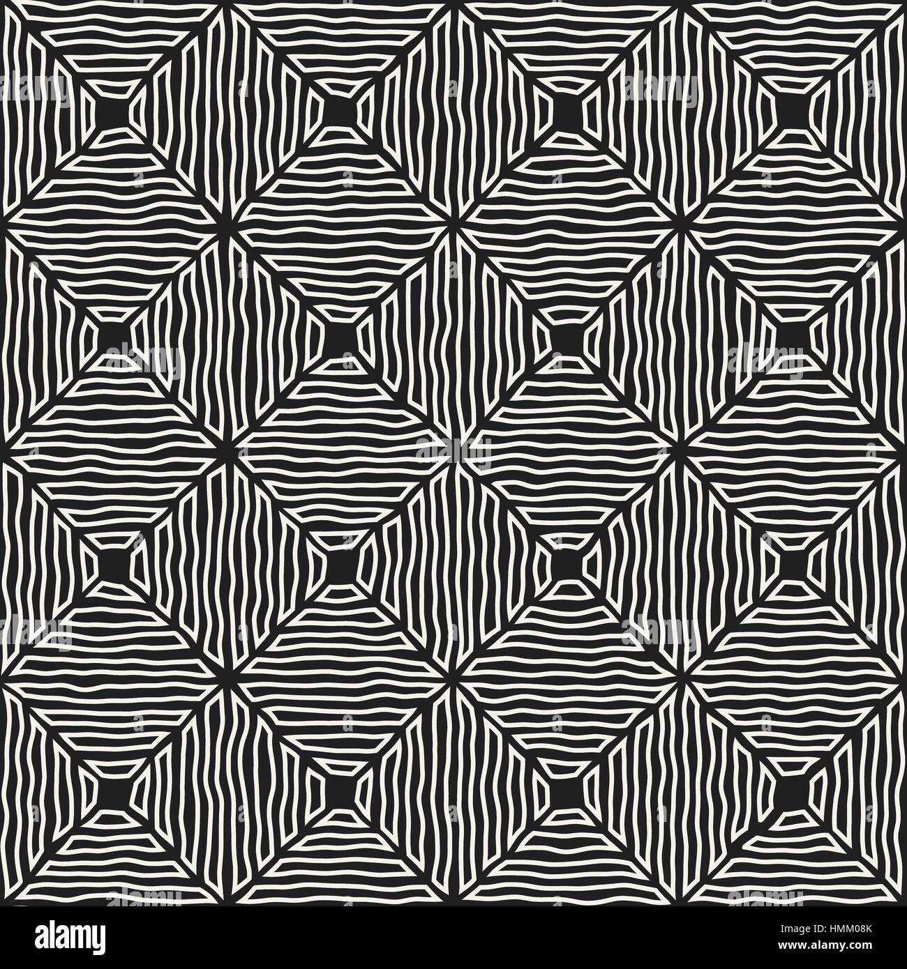 Rhombus Rough Hand Drawn Lines. Vector Seamless Black and White Pattern Stock Vector