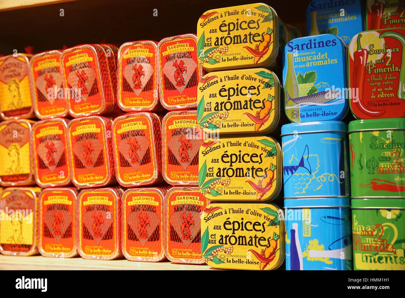 Canned fish shop, Quimper, Bretagne, Brittany, France Stock Photo