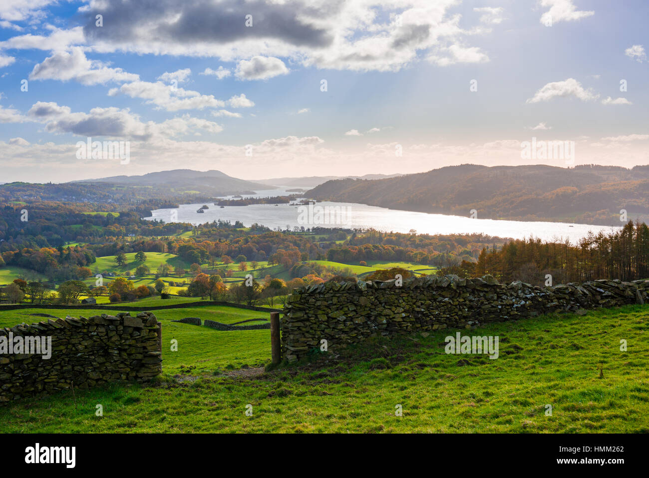 View over Windermere lake from Wansfell in the Lake District National Park, Cumbria, England. Stock Photo